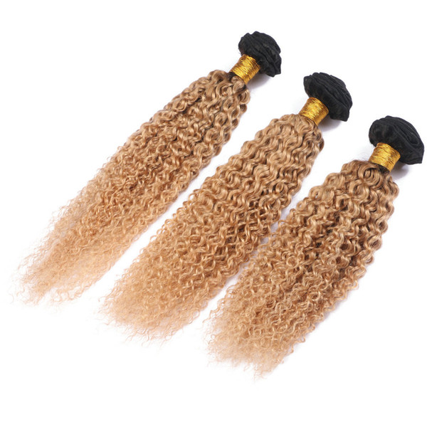 Strawberry Blonde Dark Root Kinky Curly Hair Extension Afro Kinky Human Hair Weaves Brazilian Virgin Hair Weaves 3Pcs/Lot