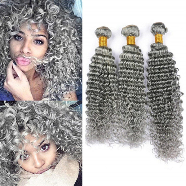 Grey Human Hair Weave Deep Wave 3 Bundles Raw Indian Virgin Hair Grey Curly Human Hair Extensions Pure Gray Double Weft 100g/Bundle