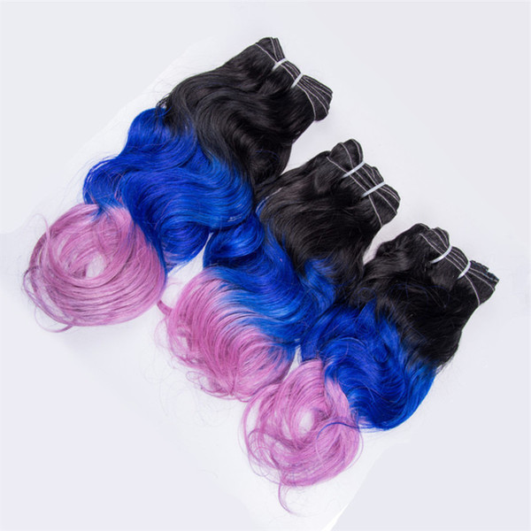 Peruvian Virgin Ombre Body Wave 3 Hair Bundles 100g/pc Three Tone 1b Blue Pink Hair Bundles Top Quality For Sale