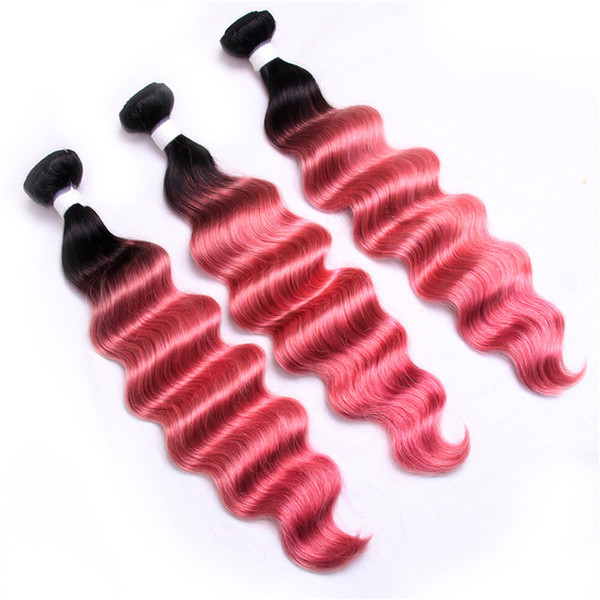 Pink Ombre Bundles Brazilian Virgin Hair Extensions Deep Wave Curly Hair Extensions Dark Roots Curly Hair Weaves 3Pcs/Lot