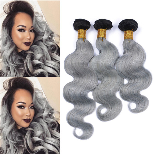 Platinum Grey Ombre Hair 3 Bundles Two Tone 1B/Grey Human Hair Extensions Silver Gray Dark Roots Body Wave Brazilian Human Extensions