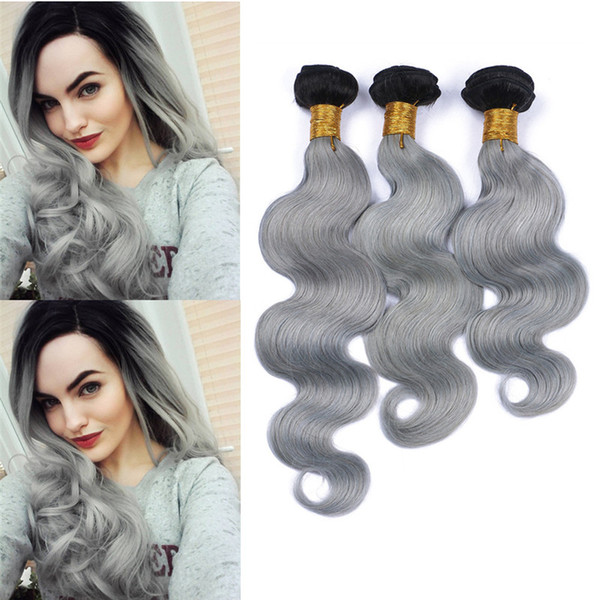 Ombre 1B/Silver Grey Malaysian Body Wave Hair Bundles 2 Tone 10A Ombre Human Virgin Hair Wavy Weaves Remy Hair Extensions