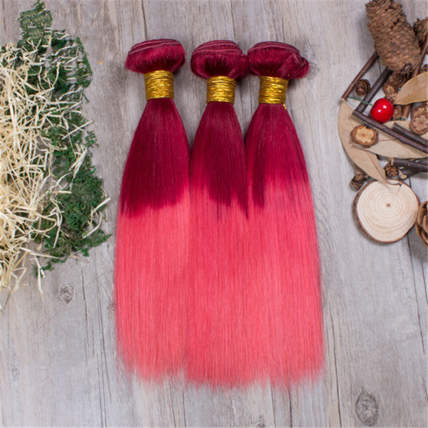 Red Pink Human Hair Weaves Two Tone Popular Color Red Ombre Human Hair Malaysian Weaves 3 Bundles Deals Pink Hair Extension Fast 