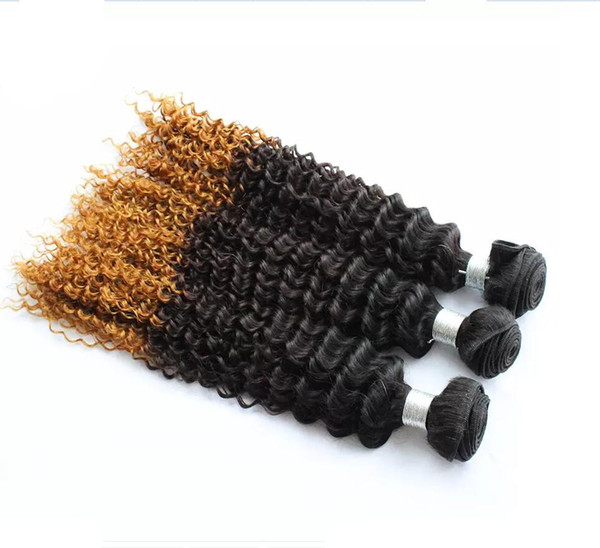 #1B 4 27 Ombre Brazilian Hair Weaves 3Pcs Lot Three Tone Deep Wave Virgin Human Hair Bundles Extensions Dark Roots Ombre Hair