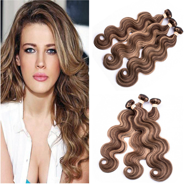 #4/27 Piano Color Body Wave Peruvian Human Hair Bundles Brown Highlight with Honey Blonde Piano Human Hair Weaves Extensions 3Pcs Lot