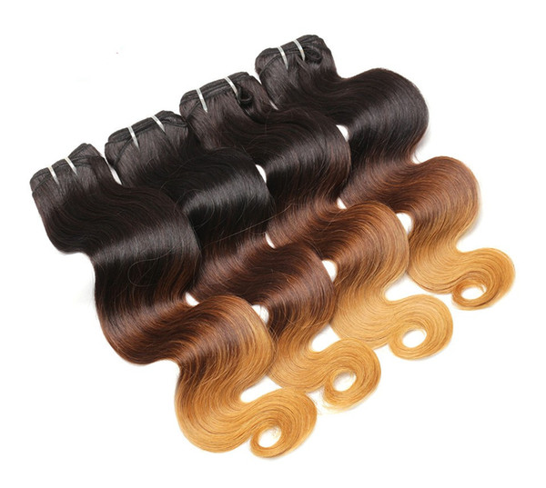 Body Wave 1b 4 27 Human Hair Bundles 3Pcs Dark Root Ombre Virgin Brazilian Hair No Tangle No Shed Three Tone Hair Weave