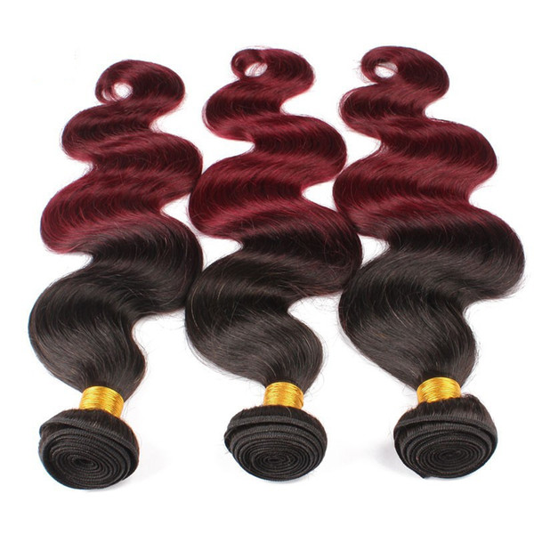 Ombre Burgundy Human Hair Weaves Two Tone 1b 99j Peruvian Virgin Human Hair Bundles Body Wave Hair Extensions