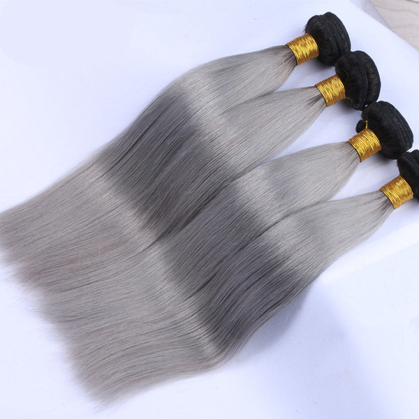 Gray brazilian silk straight 1pcs lot ombre silver grey hair weave bundles 1b grey two tone Brazillian Virgin human hair extensions