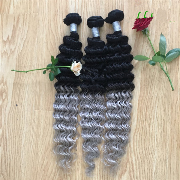 Silver Grey Ombre Indian Deep Wave Hair Extensions #1B Grey Two Tone Ombre Hair Bundles 3Pcs lot Deep Curly Wavy Hair Weave