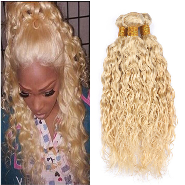 8A Grade Peruvian 613 Blonde Hair 3 Bundles Water Wave Human Hair Extensions Platinum Blonde Wet and Wavy Hair Weaves