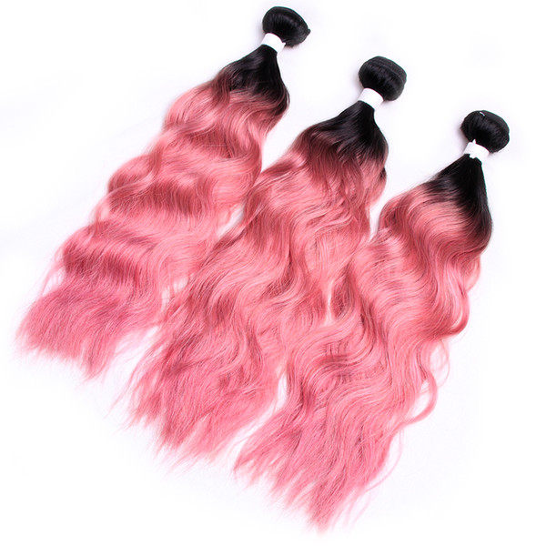 Water Wave Pink Hair Raw Indian Remy Virgin Human Hair 3Bundles Two Tone Dark Root Pink Hair Bundles Wet And Wavy Bundles