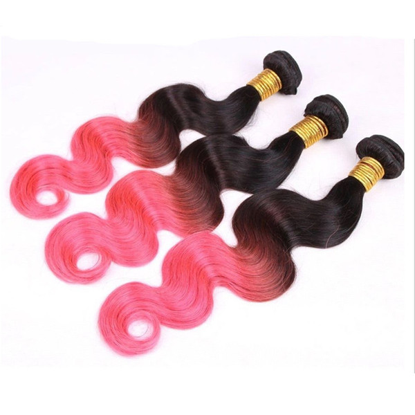 Three Tone Colored Brazilian Virgin Human Hair Weave Ombre 1B/4/Pink Body Wave 3 Bundles 100g/pc Brown Rose Gold Ombre Hair