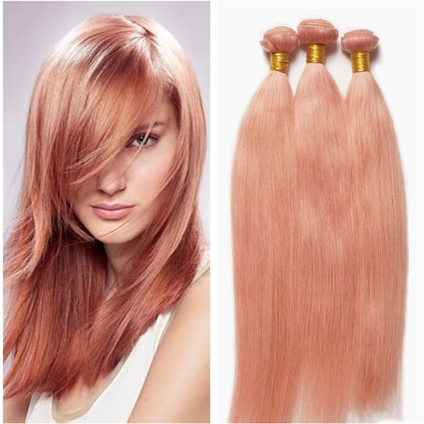 Rose Pink Straight Hair Extensions Brazilian Virgin Human Hair Weaves Rose Gold Straight Hair Weft Nom Remy Virgin Bundles 3Pcs Free Shippin