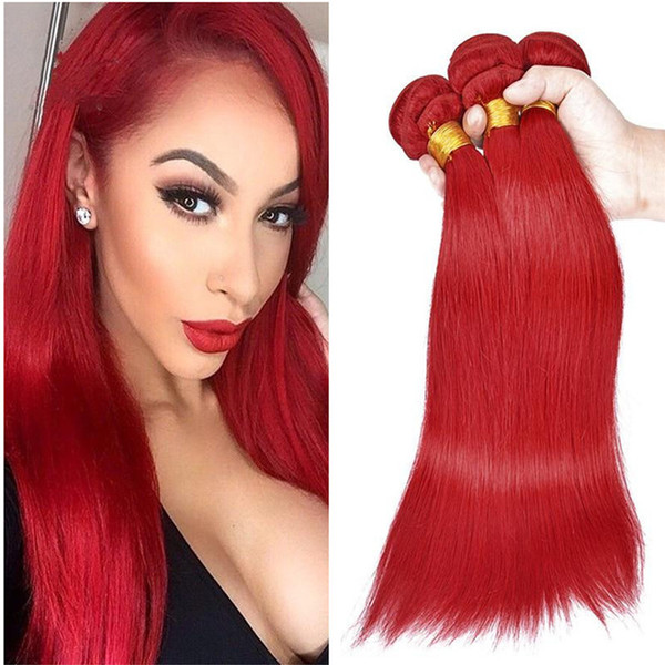 Red Human Hair Weaves Silk Straight 3Bundles Brazilian Virgin Hair Extensions #Red Color Soft and Smooth Hair Weft Fast 