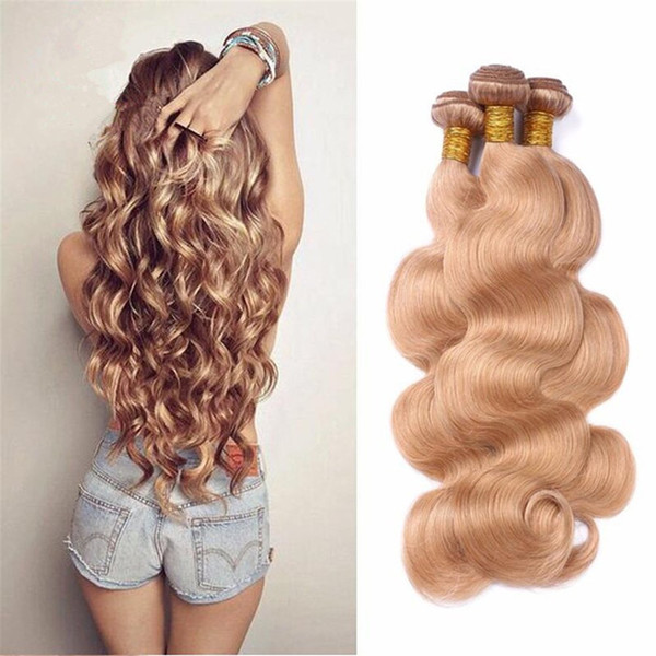 Honey Blonde Human Hair Weaves #27 Pure Color Body Wave Brazilian Virgin Human Hair Strawberry Blonde Hair 3Bundles Wavy Extension Free Ship