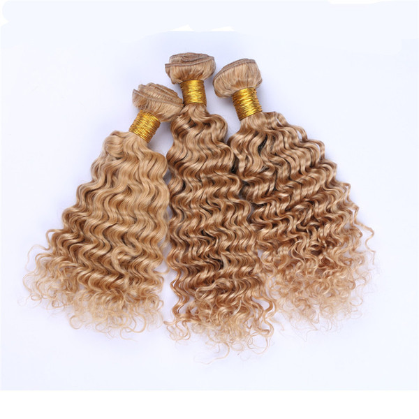 Honey Blonde Deep Wave Curly Hair Weaves #27 Pure Color Blonde Hair Weaves Deep Wave Curly Human Hair Wefts Malaysian Virgin Bundles