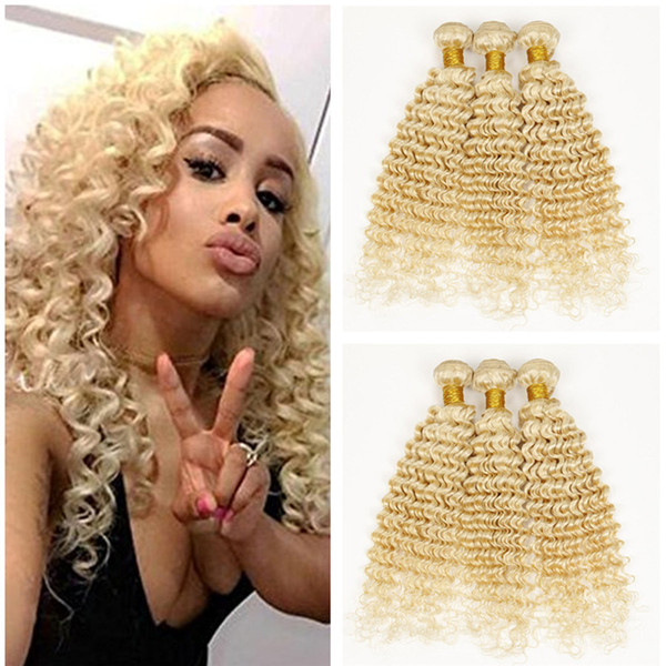 Platinum Blonde 9A Deep Wave Wavy Blonde Hair Weaves Unprocessed Blonde #613 Brazilian Human Hair Weft Extensions 3 Bundles 