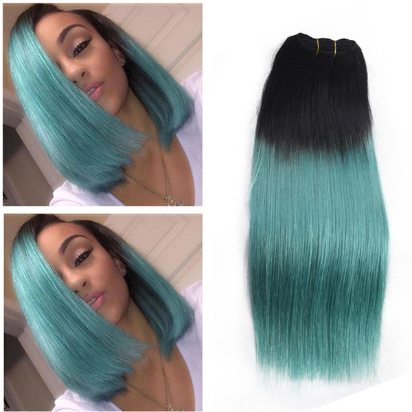 Human Hair Weaves Ombre Green Straight Hair 3 Bundle Deals 1B Green Peruvian Virgin Hair Extension Green Ombre Weaves Fast For Sale