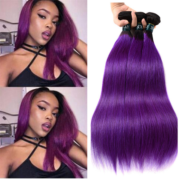 Two Tone 1B Purple Ombre Straight Hair 3 Bundles Black to Violet Ombre Human Hair Weaves 3Pcs Lot 8A Grade