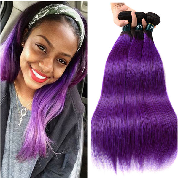 Purple Straight Hair Weaves Ombre Brazilian Virgin Hair Unprocess Purple Dark Roots Purple Two Tone Straight Hair Fast 