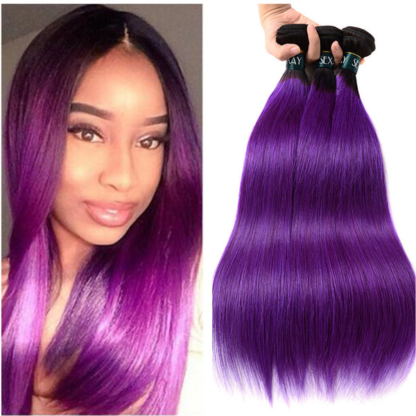 Dark Root Purple Straight Human Peruvian Virgin Hair Extension Silk Straight Purple Hair Extension 3Pcs Purple Ombre Hair Weaves High Qualit