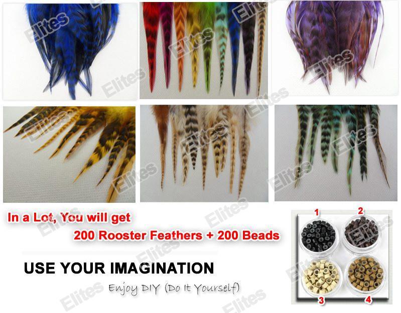 Queen Hair 5 - 7 Inch Grizzly Rooster Feather Hair Extension 200pc Feathers Extensions + 200 Beads SRF003