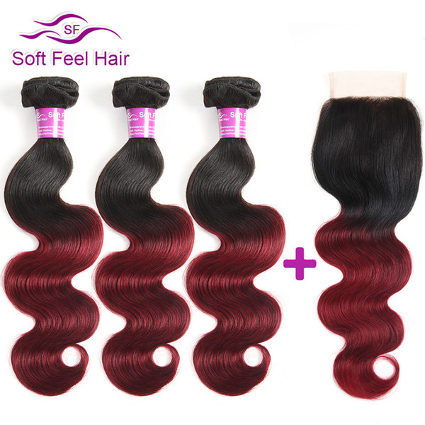 Soft Feel Hair Ombre Brazilian Hair Body Wave With Closure 1B/Burgundy Human 3 Bundles With Lace Closure 99J Non Weave