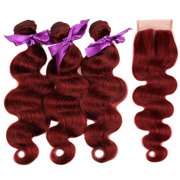 Bold Red 99J Burgundy Brazilian Body Wave Human Hair Weave 3 Bundles With Closure Non Shining Star Thick Hair Extension