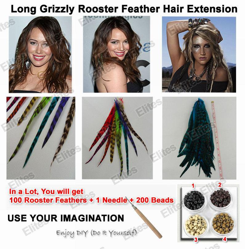 LONG 10-13 INCH Grizzly Rooster Feather Hair Extension Feathers Extensions + Needle + Beads GRF301