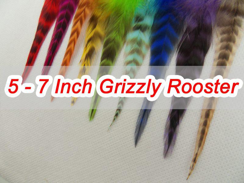 5 - 7 Inch Grizzly Rooster Feather Hair Extension 200pc Feathers Extensions + 200 Beads SRF002