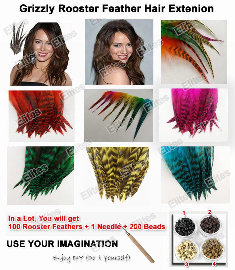 Grizzly Rooster Feather Hair Extension 100pc Feathers Extensions + 1 Needle + 200 Beads GRF201