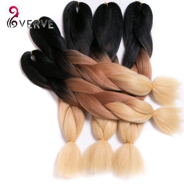 VERVES Ombre Braiding Hair three tone 24inch High Temperature Fiber ombre braiding hair Extension yaki style thick synthetic hair bundles