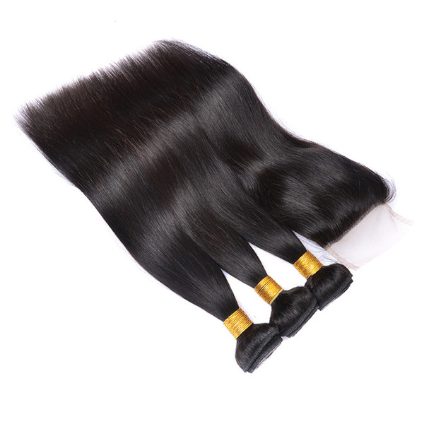 Cheap 8A Peruvian Virgin Hair Extensions Straight 3PCS With 4x4 Lace Closure Brazilian Hair Bundles With Closure Wholesale 