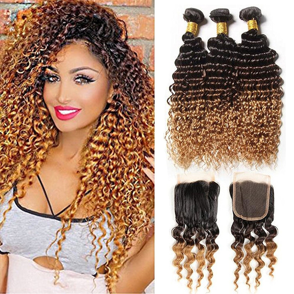 Peruvian Kinky Curly Virgin Hair With Closure Ombre 3 Bundles Human Hair Weave With Lace Closure (20 closure with22 24 26, 1B/4/27)