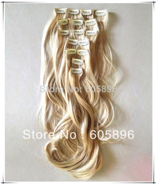 Hot sale 7pcs/set 20inch 180g quality synthetic 16 clips on hair extensions wavy blonde free shipping