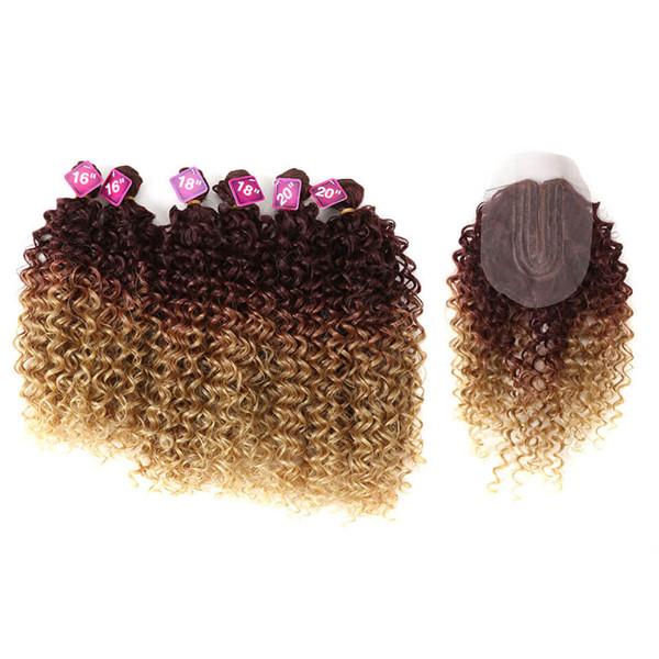 Afro Kinky Curly Hair 16-20inch 7Pieces/lot Synthetic Hair Middle Part Lace Front Closure Bundles With Closure 240g