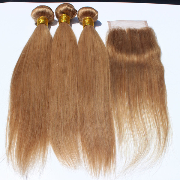 2017 fastion style #27 Honey Blonde Lace Closure Straight With 3 Bundles Brazilian Blonde Straight Weaves Human Hair Extension