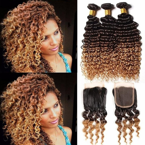 fashion Peruvian Ombre 3 Bundles Human Hair Weave With Lace Closure Kinky Curly Virgin Hair With Closure (18 closure with20 22 24, 1B/4/27)