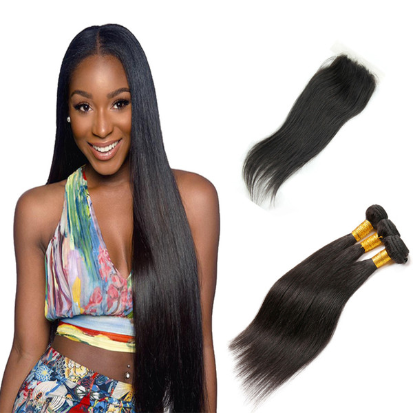 Brazilian Peruvian Malaysian Indian Straight Virgin Human Hair Weaves With Closure Unprocessed Brazilian Remy Hair Bundles And Lace Closures