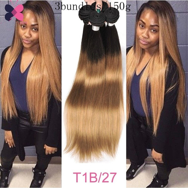 Brazilian real human Hair Straight 3 Bundles/150g Blonde Ombre Brazilian Hair Weave Bundles 1B/27 Hair Bundles