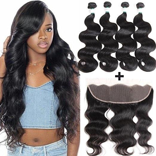 Body Wave Virgin Hair with Frontal Free Part 13x4 Ear to Ear Unprocessed Brazilian Remy Hair 4 Bundles with Lace Frontal Closure