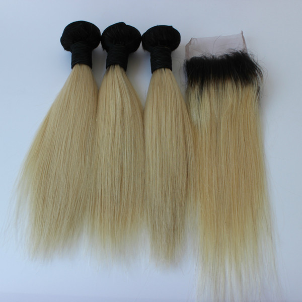 Brazilian Straight With Closure #1B/613 ombre brazilian hair Blonde Human Hair Weft With Closure Brazilian human hair