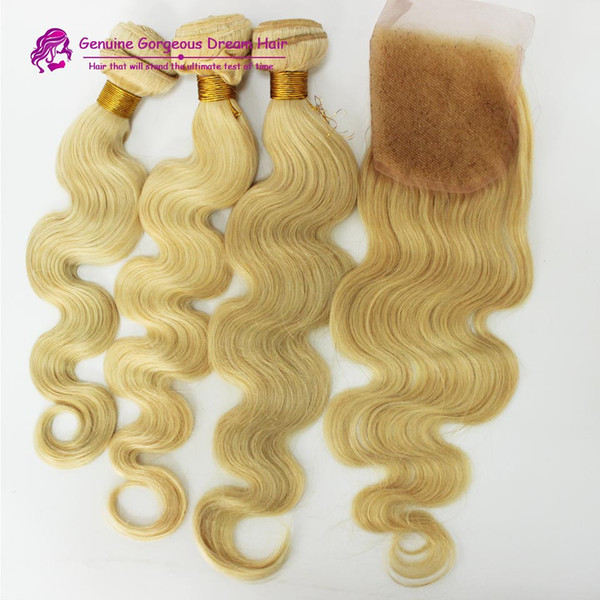 613 Russian Blonde Virgin Hair With Closure 3 Bundles With 4*4 Lace Closure Top Body Wave Human Hair With Free Part Closure