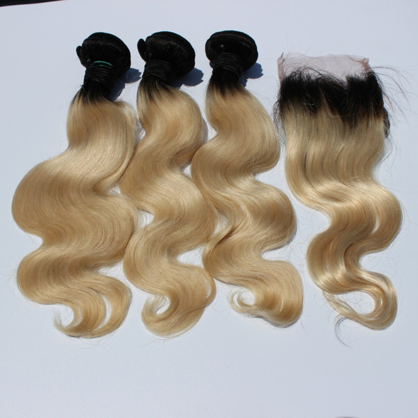 Brazilian ombre Blonde hair bundles extensions with closure body wave hair 1b/613 Free part lace closure with 3pcs ombre hair weft weave