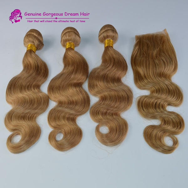 3 bundles with closure brazilian human hair honey blonde #27 hair extensions body wave weave bundles with closure blonde for sa;e