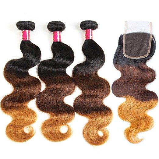 3 bundles with closure 1b/4/27 brazilian human hair 3 tone ombre brown blonde hair extensions hair weave bundles with closure