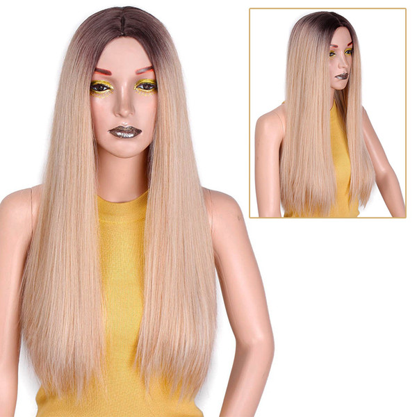 Long Straight Synthetic hair Mixed Brown and Blonde Women's Long hair for White /Black Middle Part Nature hair extension