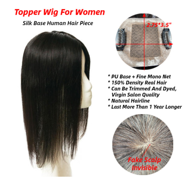 Neitsi Silk Clip On Topper PU + Fine Mono Net Natural Black Remy Human Hair Pieces Toupee For Women Salon Virgin Quality