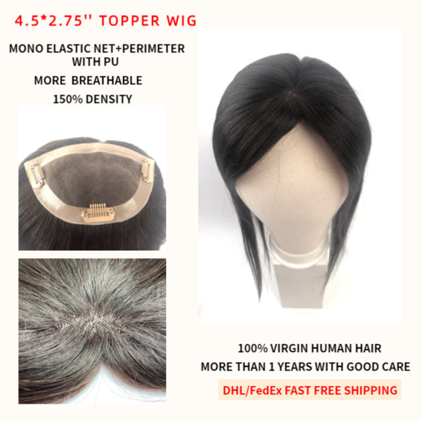 K.S 4.5*2.75'' Virgin Human Hair Topper Breathable Mono PU Base With Clip In Hair Toupee Remy Hairpiece 150% Density