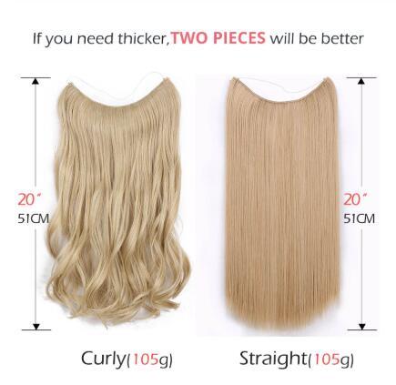 20inches Natural No Clips in Hair Extensions Long Synthetic Fish Line Straight Curly Hair Extensions Secret Invisible Hairpieces